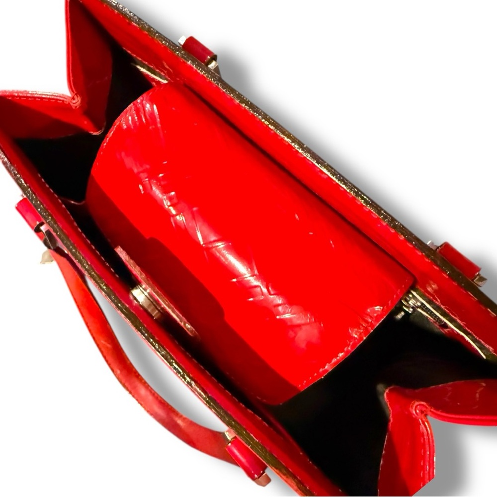 Authentic Burberry Red Patent Leather Embossed Check Design  Tote Bag - Picture 8 of 14